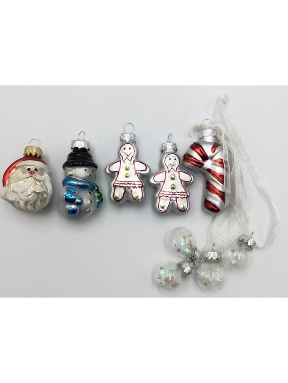 Vintage Mini Christmas Ornaments Set of 9 Silver White Sparkle Krebs Santa